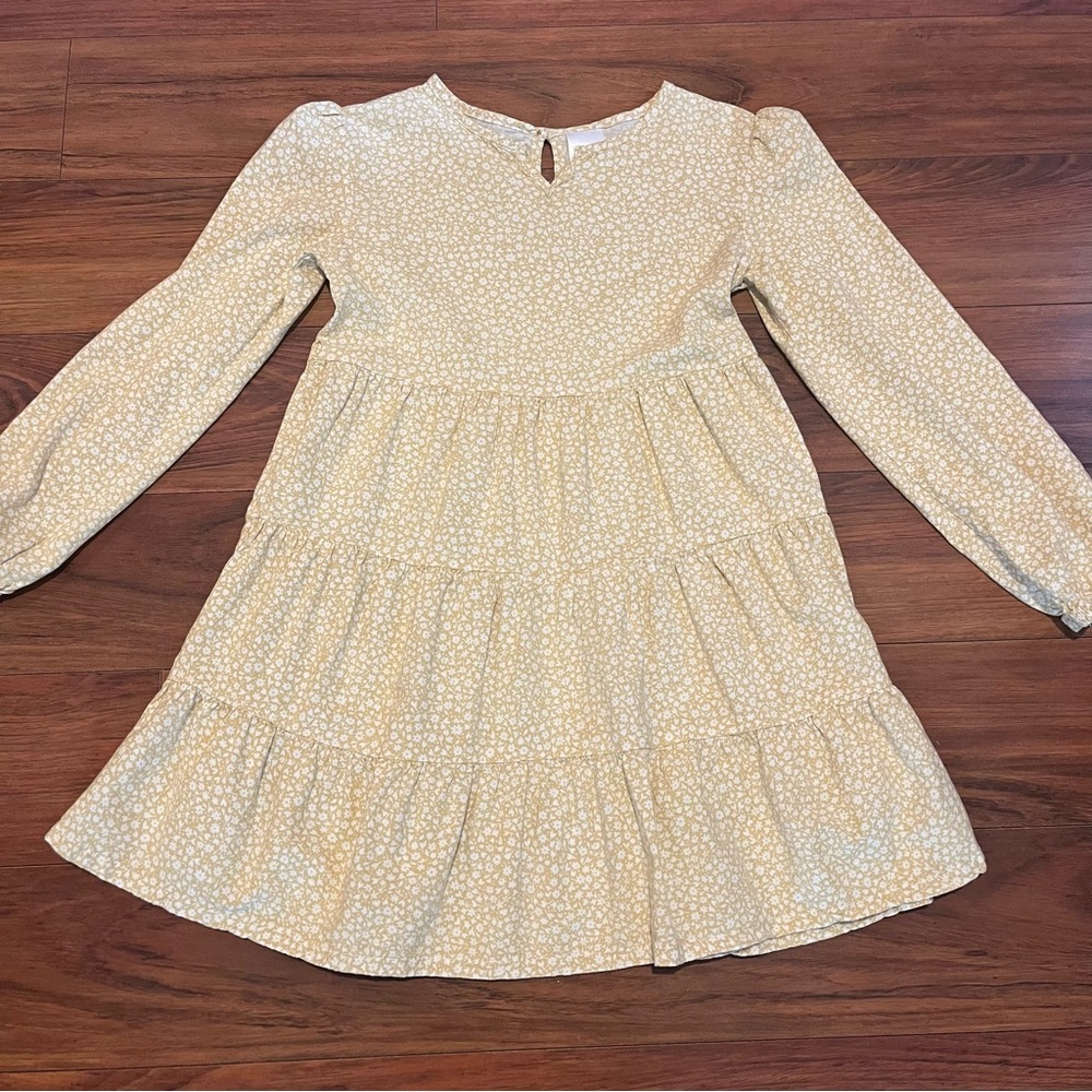 Girls' Yellow Floral Tiered Long-Sleeve Dress